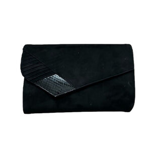 Vintage 80's Black Velvet Clutch Envelope Purse Faux Snake Skin Accent w/Strap